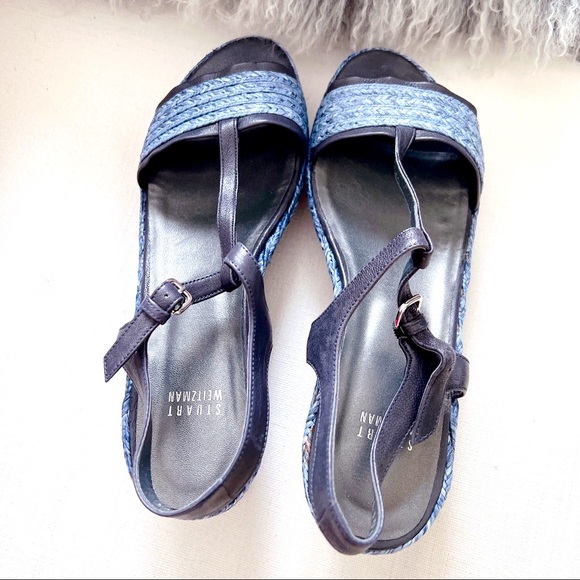 Stuart Weitzman Leather Braided Raffia Platform Wedges Blue Size 10.5 - Picture 6 of 9